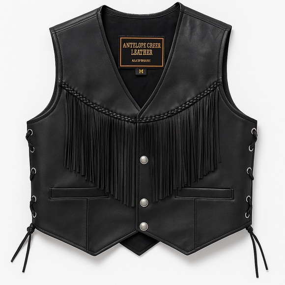 Harley-Davidson Black Leather Fringe Vest – Antelope Creek – Size M - Picture 2 of 13